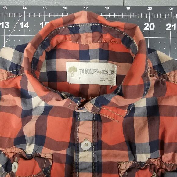Tucker Tate Shirt Boys 7 Orange Plaid Long Sleeve Button Up Woven - Picture 5 of 11